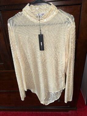 Fashion Nova Sheer Palm-Print Mock Neck Long Sleeve Top in Cream